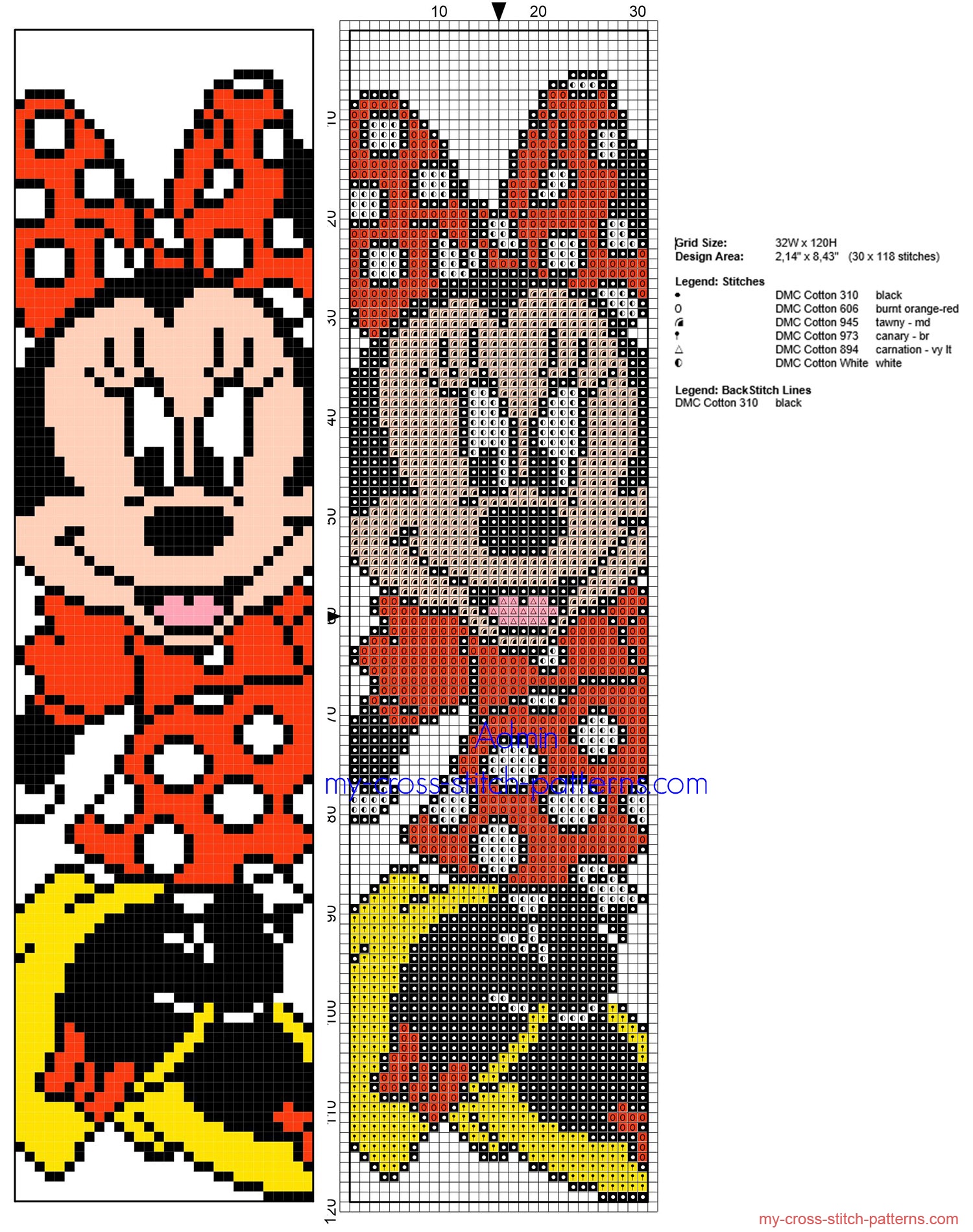 Cross stitch children bookmark with Disney Minnie Mouse - free cross