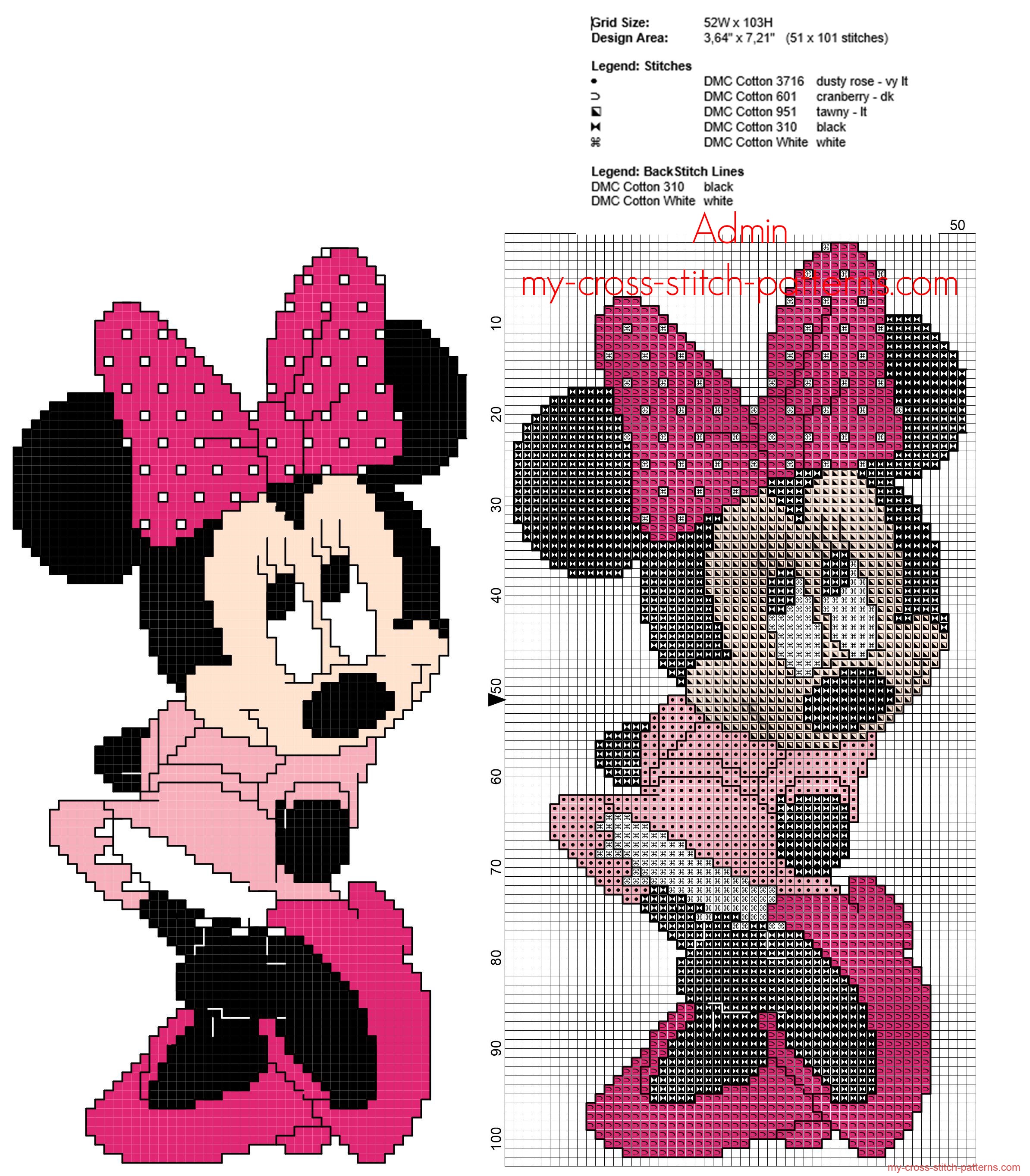 Minnie Mouse with pink dress free back stitch Disney cross stitch