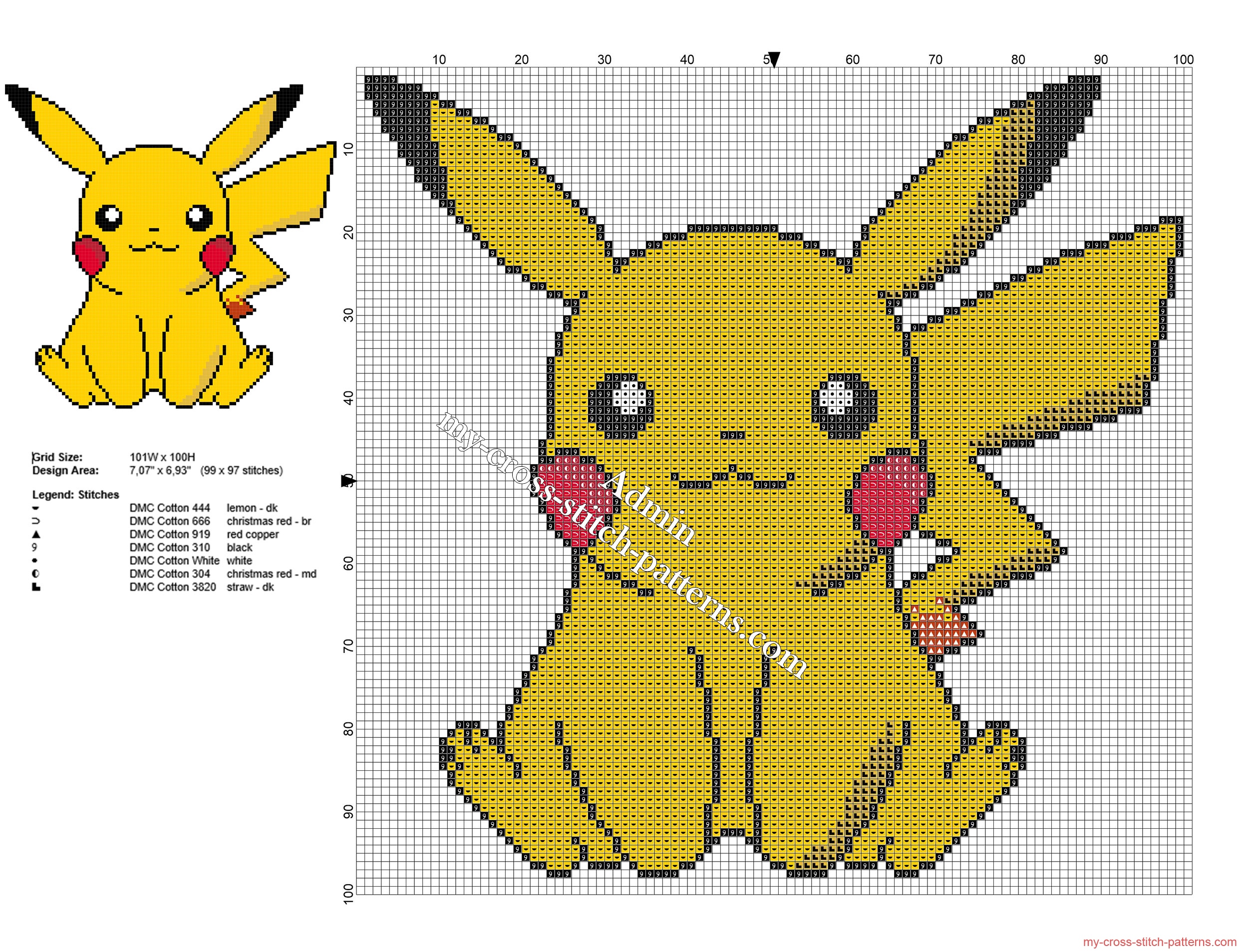 Pikachu Pokémon free small and simple cross stitch pattern - free cross